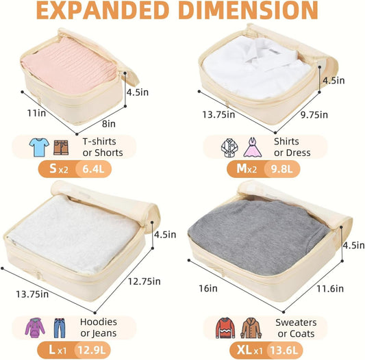 4 Set/6 Set/8 Set Compression Packing Cubes Travel Accessories Expandable Packing Organizers (Square Mesh, 06-Beige) - Colors B