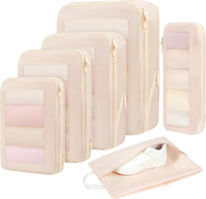 4 Set/6 Set/8 Set Compression Packing Cubes Travel Accessories Expandable Packing Organizers (Square Mesh, 06-Beige) - Colors B