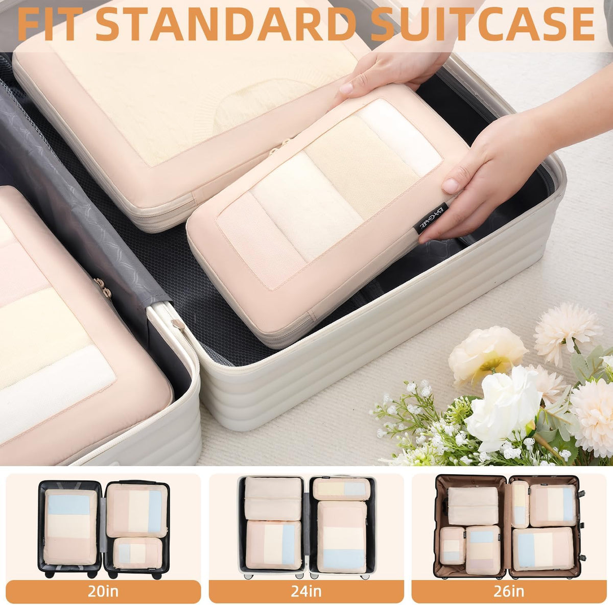 4 Set/6 Set/8 Set Compression Packing Cubes Travel Accessories Expandable Packing Organizers (Square Mesh, 06-Beige) - Colors B