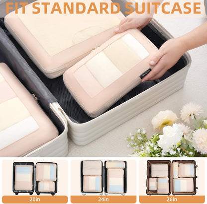 4 Set/6 Set/8 Set Compression Packing Cubes Travel Accessories Expandable Packing Organizers (Square Mesh, 06-Beige) - Colors B
