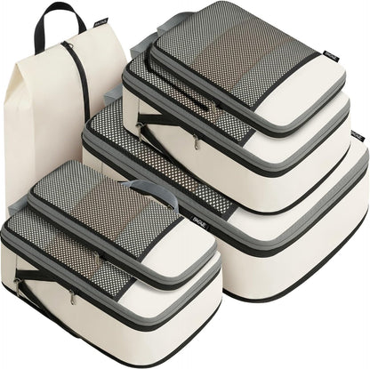 4 Set/6 Set/8 Set Compression Packing Cubes Travel Accessories Expandable Packing Organizers (Square Mesh, 06-Beige) - Colors B