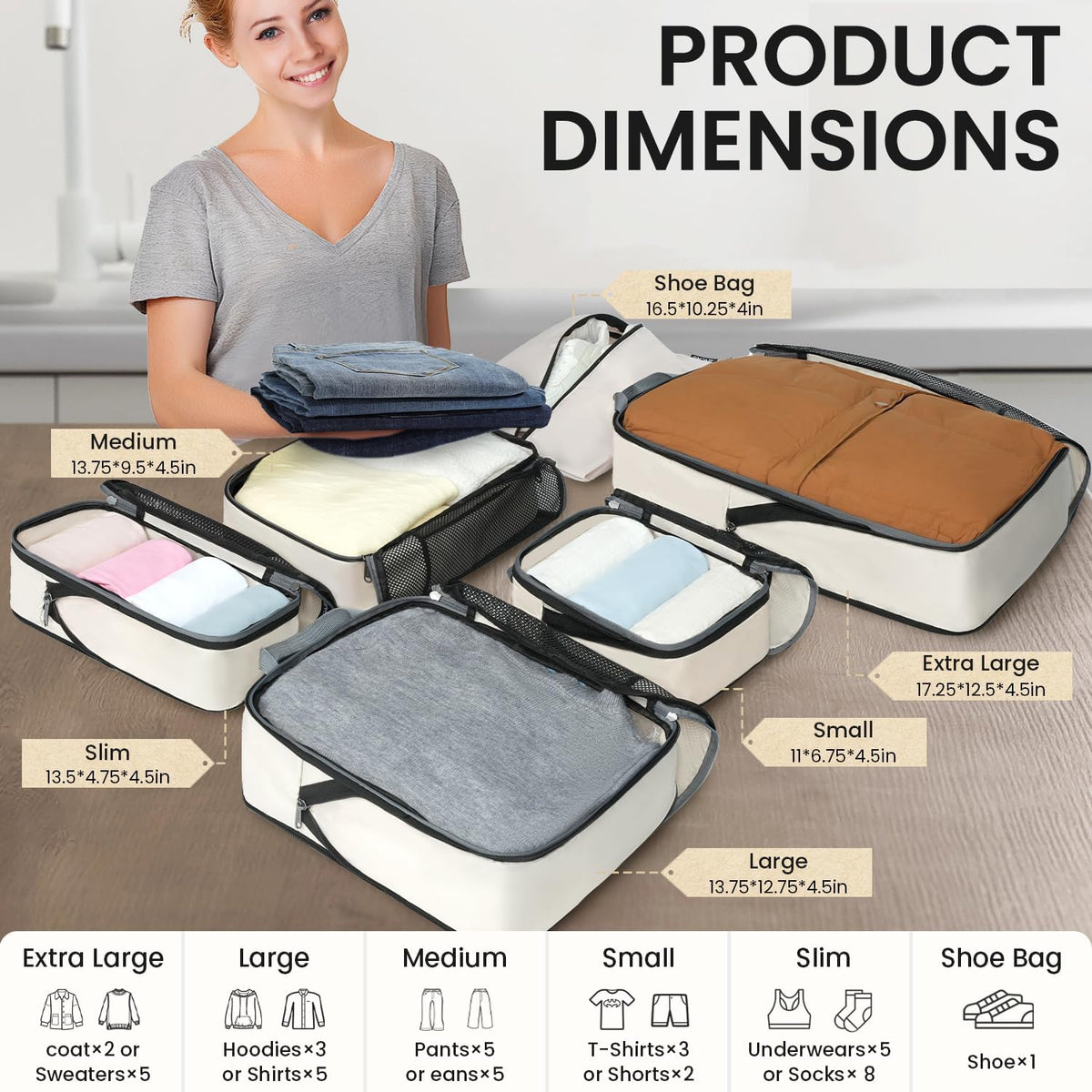 4 Set/6 Set/8 Set Compression Packing Cubes Travel Accessories Expandable Packing Organizers (Square Mesh, 06-Beige) - Colors B