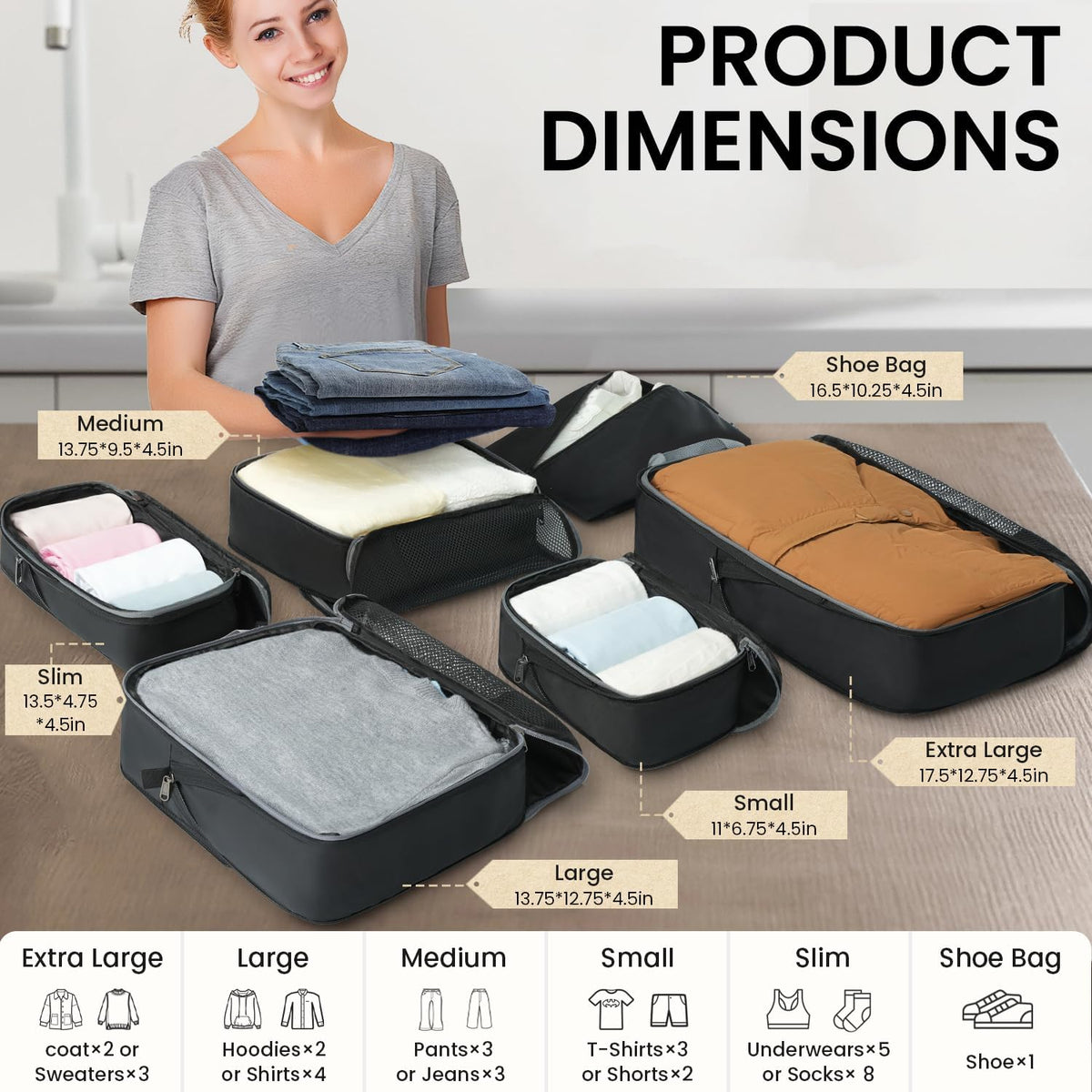 4 Set/6 Set/8 Set Compression Packing Cubes Travel Accessories Expandable Packing Organizers (Square Mesh, 06-Beige) - Colors B