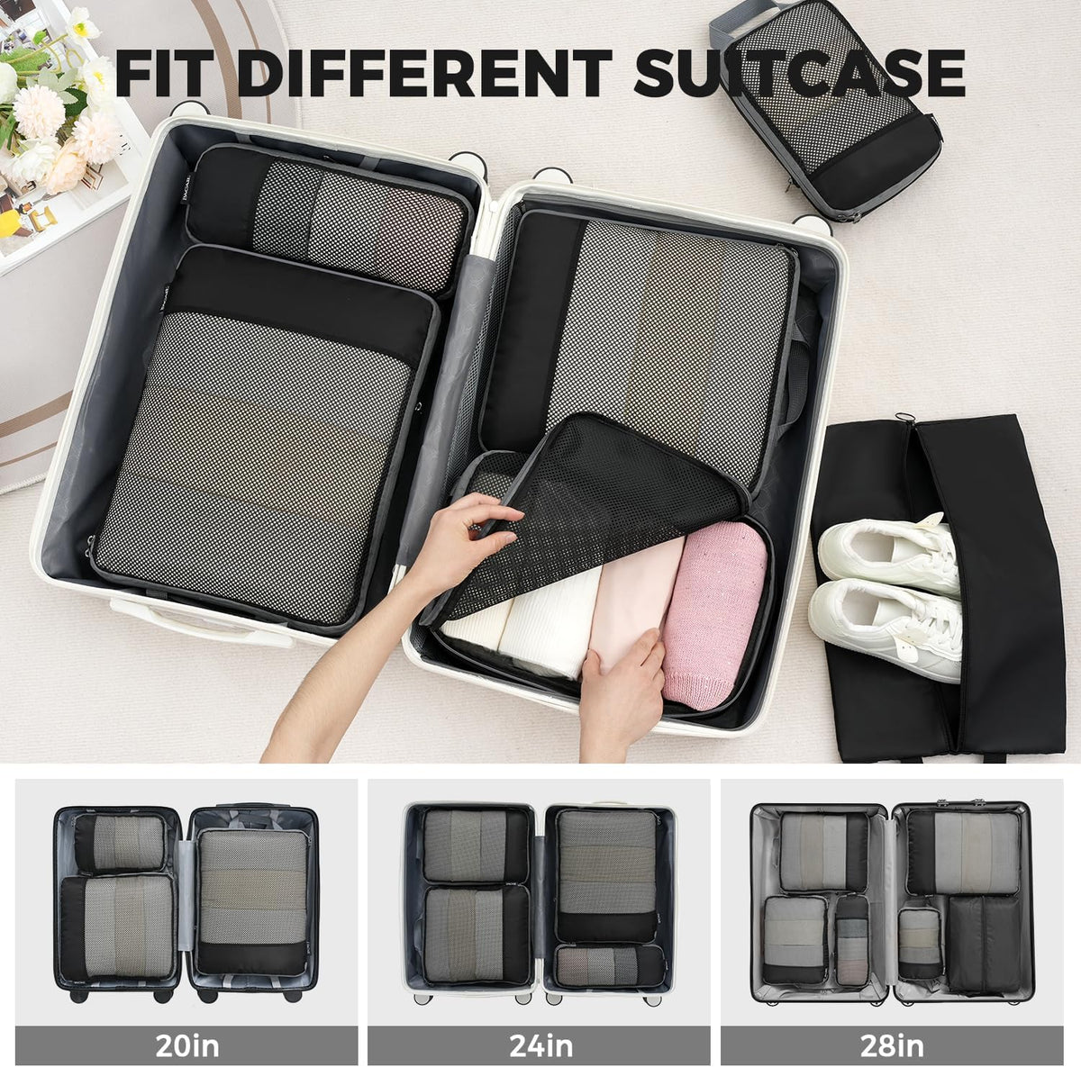 4 Set/6 Set/8 Set Compression Packing Cubes Travel Accessories Expandable Packing Organizers (Square Mesh, 06-Beige) - Colors B
