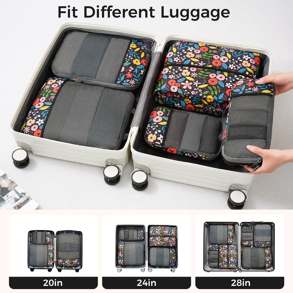 4 Set/6 Set/8 Set Compression Packing Cubes Travel Accessories Expandable Packing Organizers (Square Mesh, 06-Beige) - Colors B