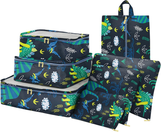 Packing Cubes for Kids 7 Set Travel Luggage Organizers for Suitcase Travel Accessories with Shoe Bag for Women Girls Cute Aesthetic Art-Green Dinosaur