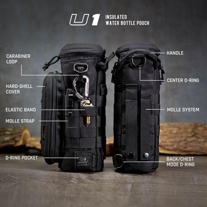 U1 Water Bottle Pouch with Zippered Hardshell Cap, Fits Up to 40oz Bottle, Molle System, Heavy Duty, Made With 100% Nylon