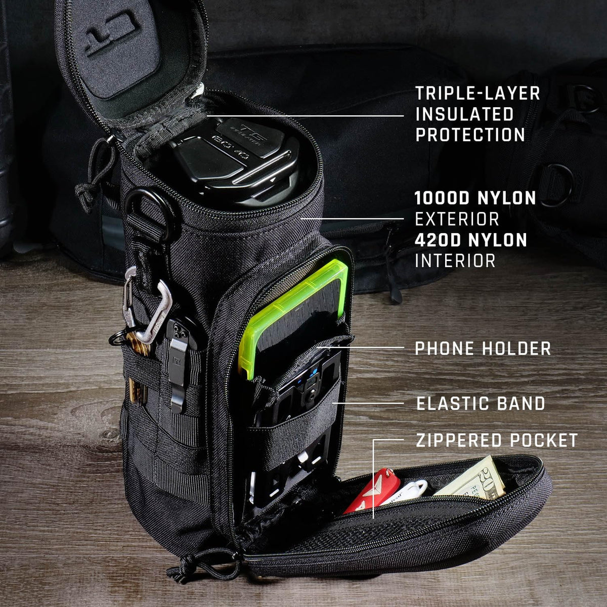 U1 Water Bottle Pouch with Zippered Hardshell Cap, Fits Up to 40oz Bottle, Molle System, Heavy Duty, Made With 100% Nylon