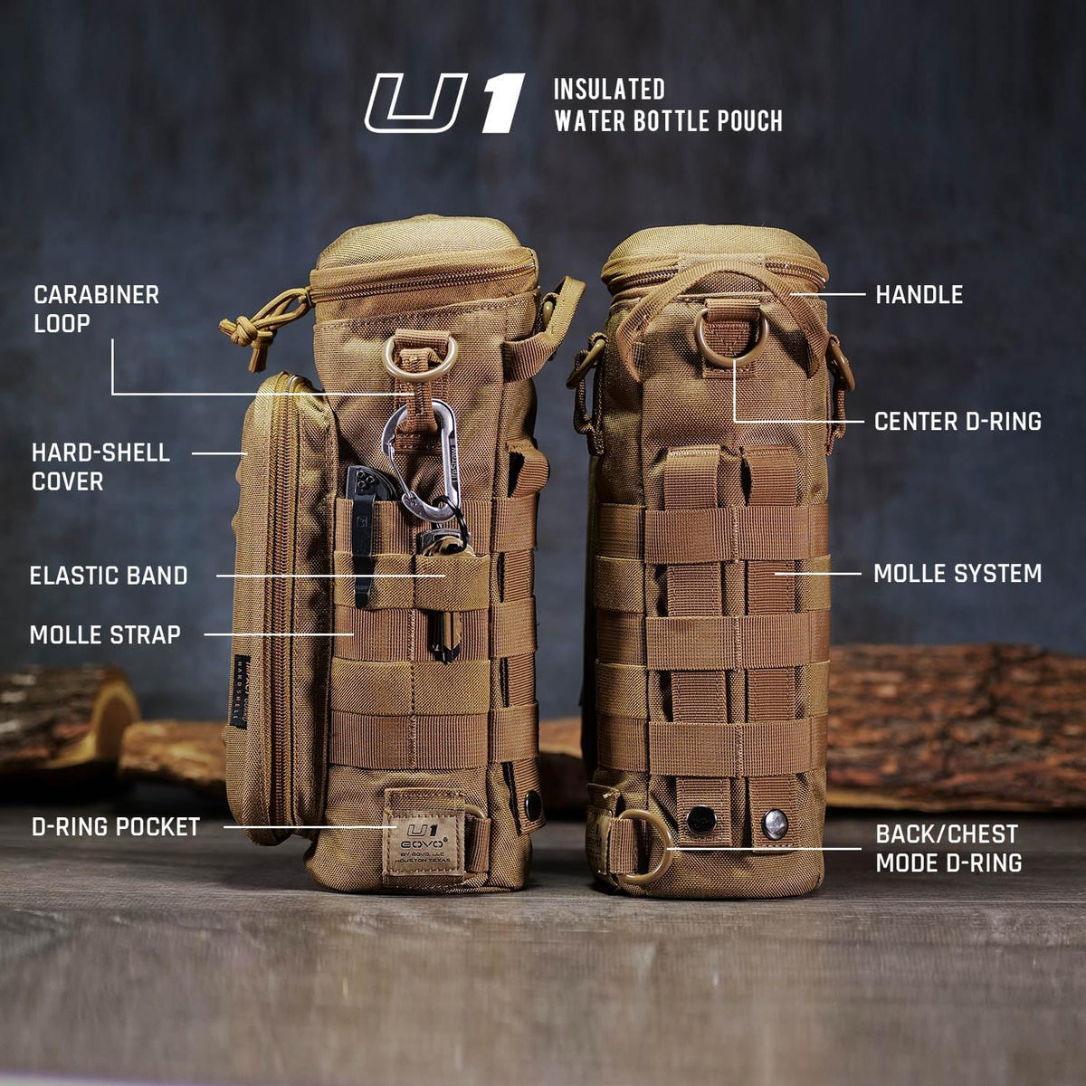 U1 Water Bottle Pouch with Zippered Hardshell Cap, Fits Up to 40oz Bottle, Molle System, Heavy Duty, Made With 100% Nylon
