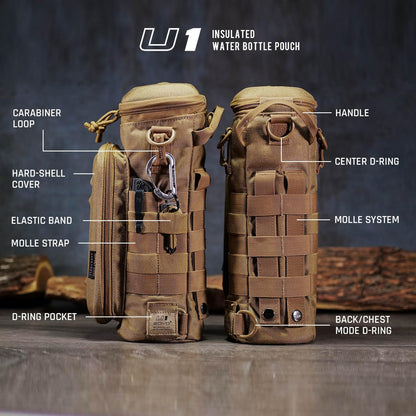 U1 Water Bottle Pouch with Zippered Hardshell Cap, Fits Up to 40oz Bottle, Molle System, Heavy Duty, Made With 100% Nylon