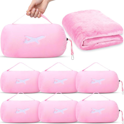 6 Sets Bulk Travel Blanket Pillows for Long Flight Sleeping 50 x 60 Inches Soft Flannel Packable Airplane Flight Blanket 2 in 1 Combo Warm Traveling Plane Essentials(Pink)