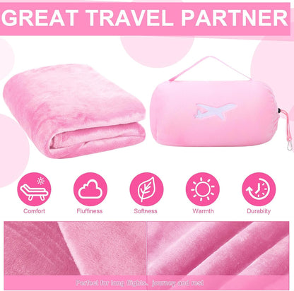 6 Sets Bulk Travel Blanket Pillows for Long Flight Sleeping 50 x 60 Inches Soft Flannel Packable Airplane Flight Blanket 2 in 1 Combo Warm Traveling Plane Essentials(Pink)