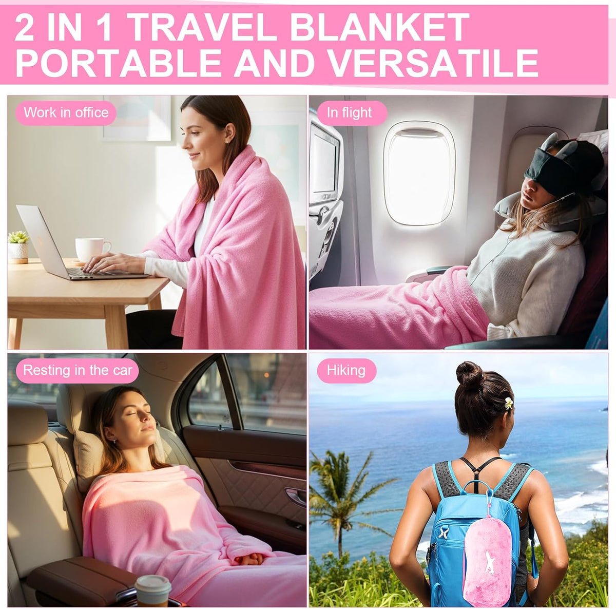6 Sets Bulk Travel Blanket Pillows for Long Flight Sleeping 50 x 60 Inches Soft Flannel Packable Airplane Flight Blanket 2 in 1 Combo Warm Traveling Plane Essentials(Pink)