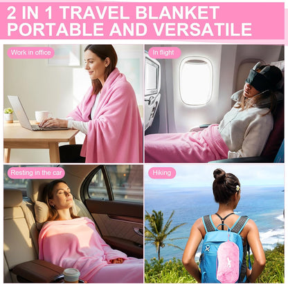 6 Sets Bulk Travel Blanket Pillows for Long Flight Sleeping 50 x 60 Inches Soft Flannel Packable Airplane Flight Blanket 2 in 1 Combo Warm Traveling Plane Essentials(Pink)