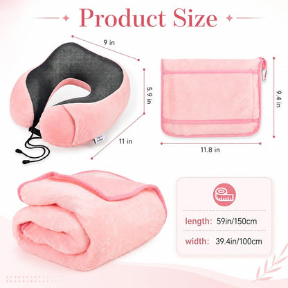 Travel Blanket and Pillow Set - Neck Pillow Airplane Essentials, Pink