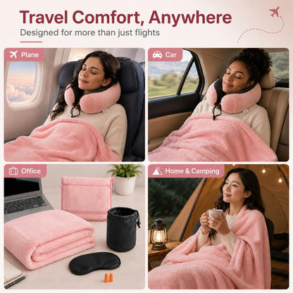 Travel Blanket and Pillow Set - Neck Pillow Airplane Essentials, Pink