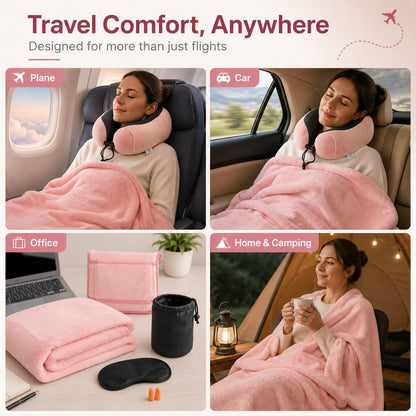 Travel Blanket and Pillow Set - Neck Pillow Airplane Essentials, Pink