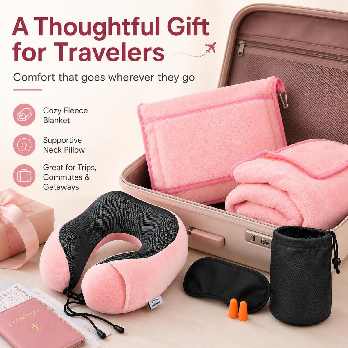 Travel Blanket and Pillow Set - Neck Pillow Airplane Essentials, Pink