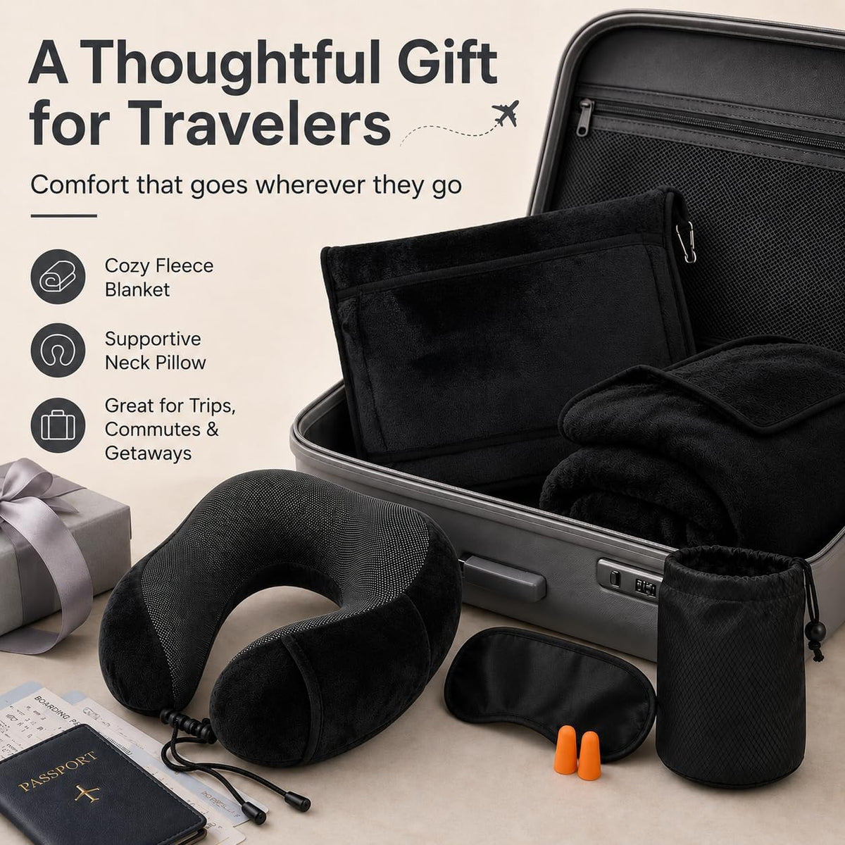 Travel Blanket and Pillow Set - Neck Pillow Airplane Essentials, Pink