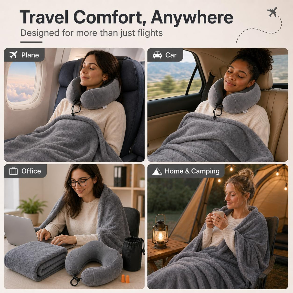 Travel Blanket and Pillow Set - Neck Pillow Airplane Essentials, Pink