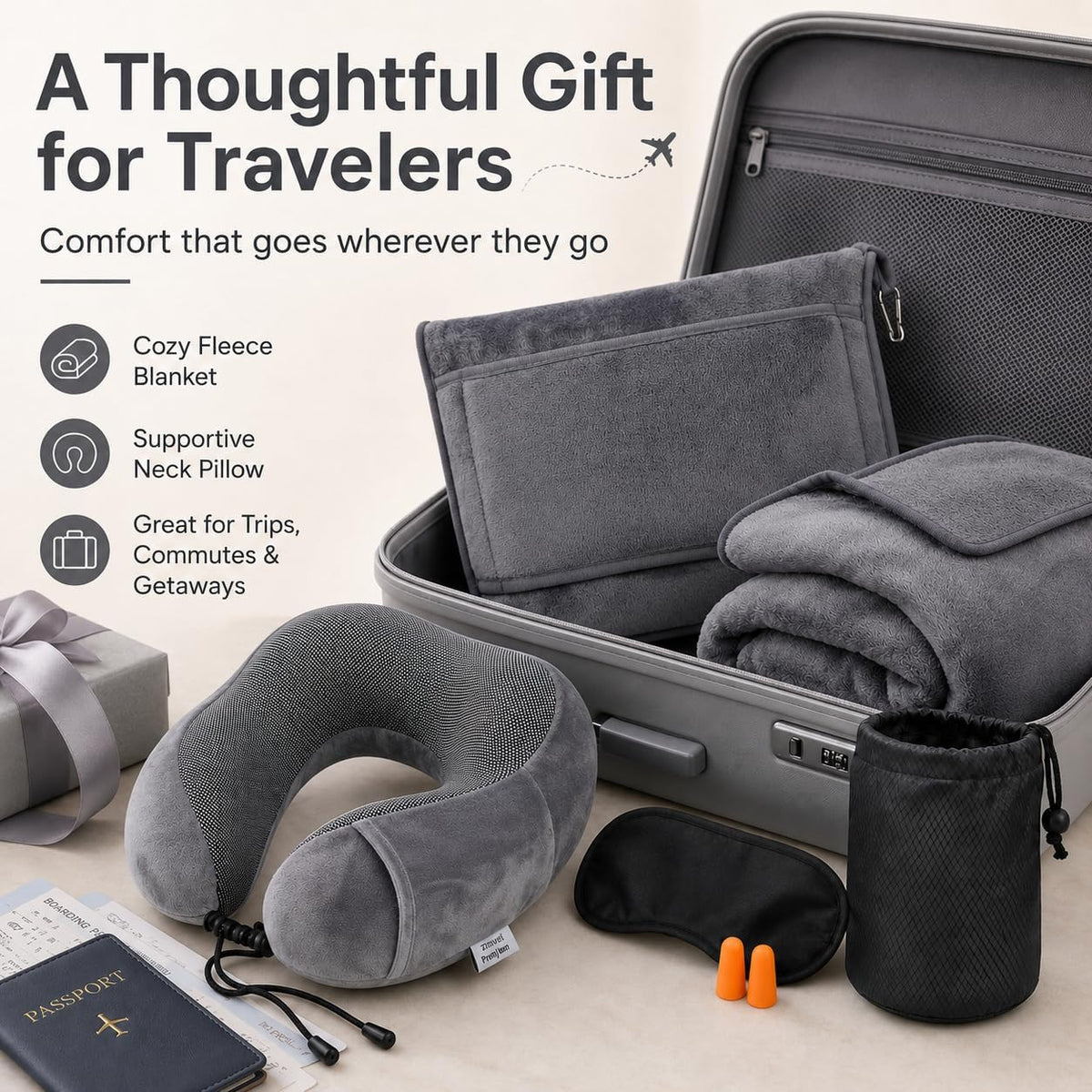 Travel Blanket and Pillow Set - Neck Pillow Airplane Essentials, Pink