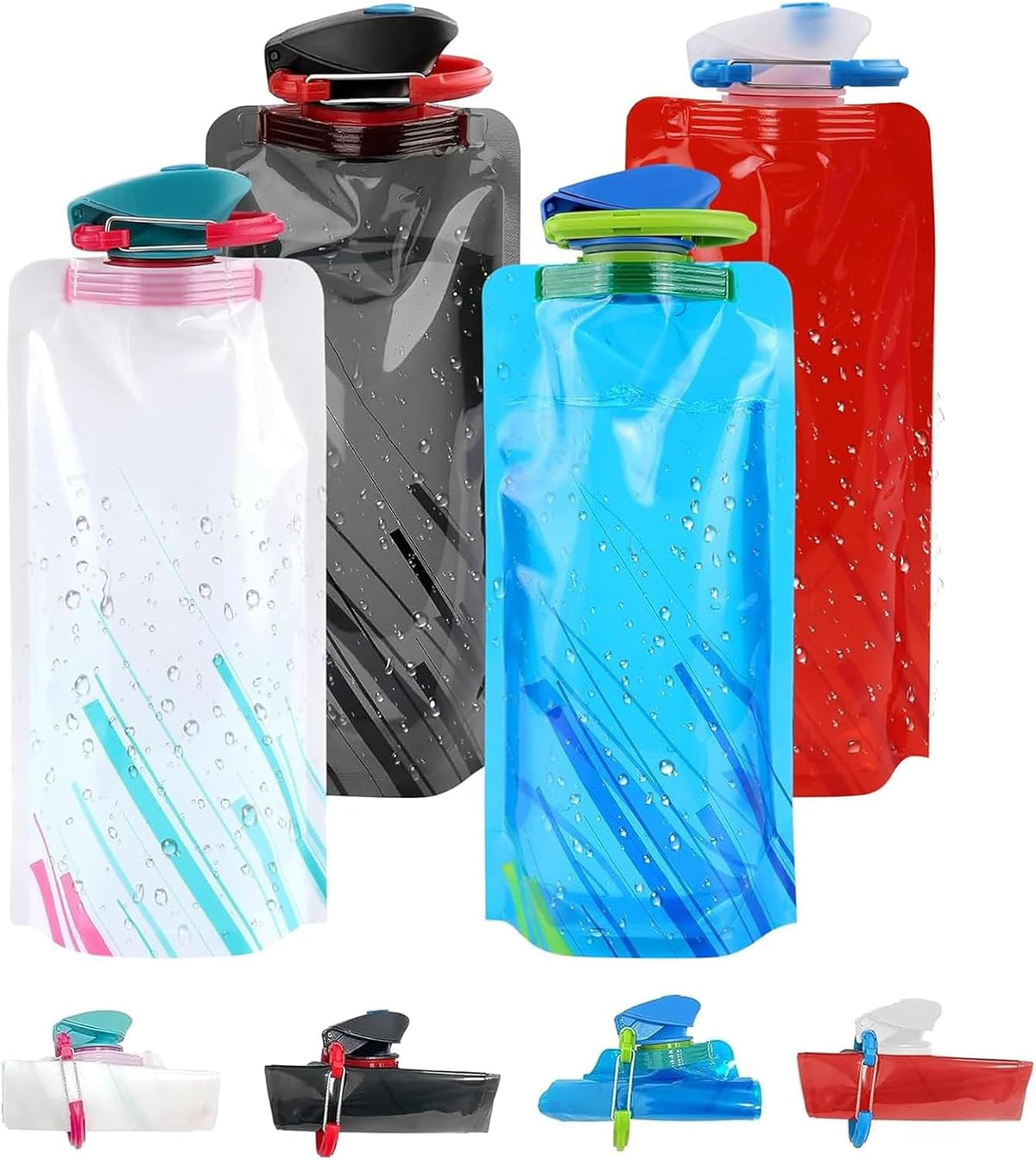 4 Pack Collapsible Water Bottles for Travel – 20oz Foldable Water Bottle with Carabiner,Leakproof BPA-Free Water Jup, Portable Reusable Water Bottle for Hiking,Sports,Camping,Biking