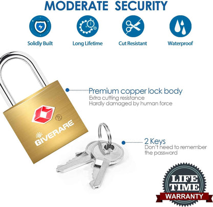 4 Pack TSA Approved Travel Luggage Locks with Keys, Solid Brass Copper Keyed Padlock, Small Locks for Suitcase, Backpack, Gym Locker, Jewelry Box, Gold